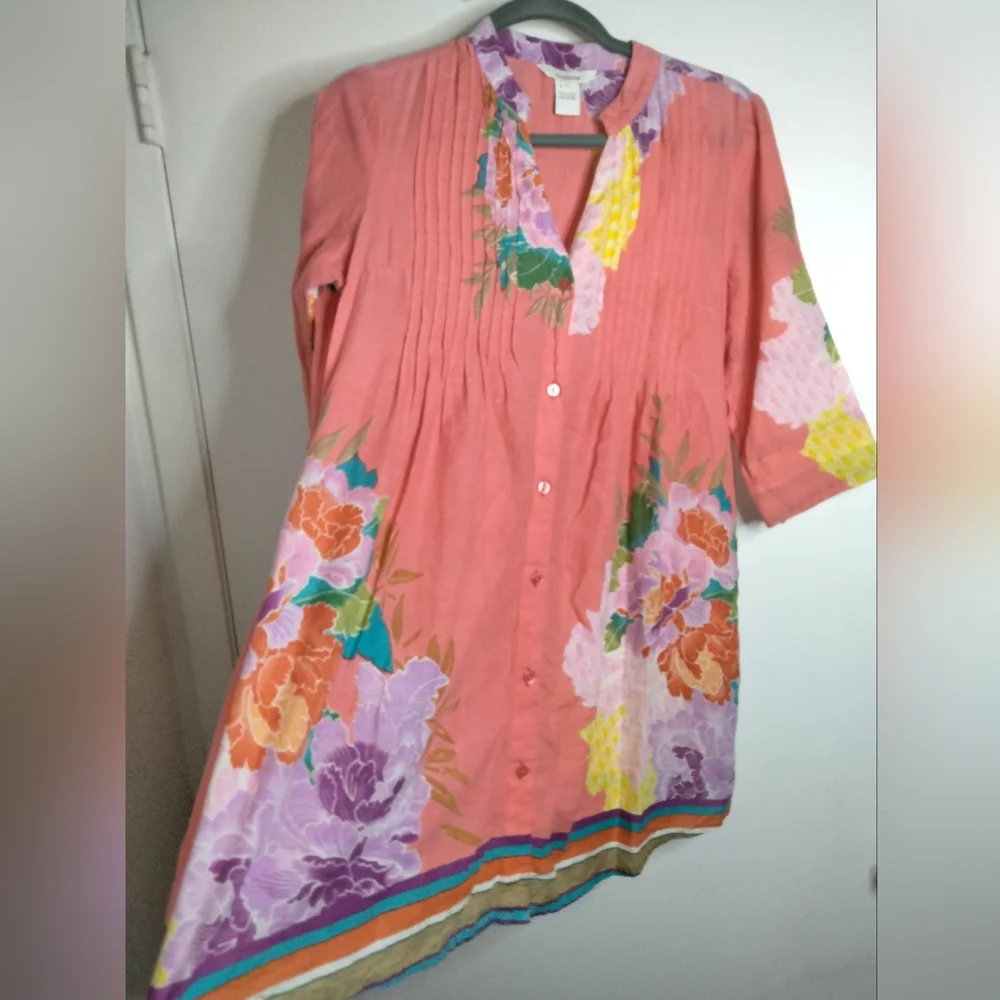 Sundance (Size M) Multicolored Floral Cotton Button Down Front Half Sleeve Tunic